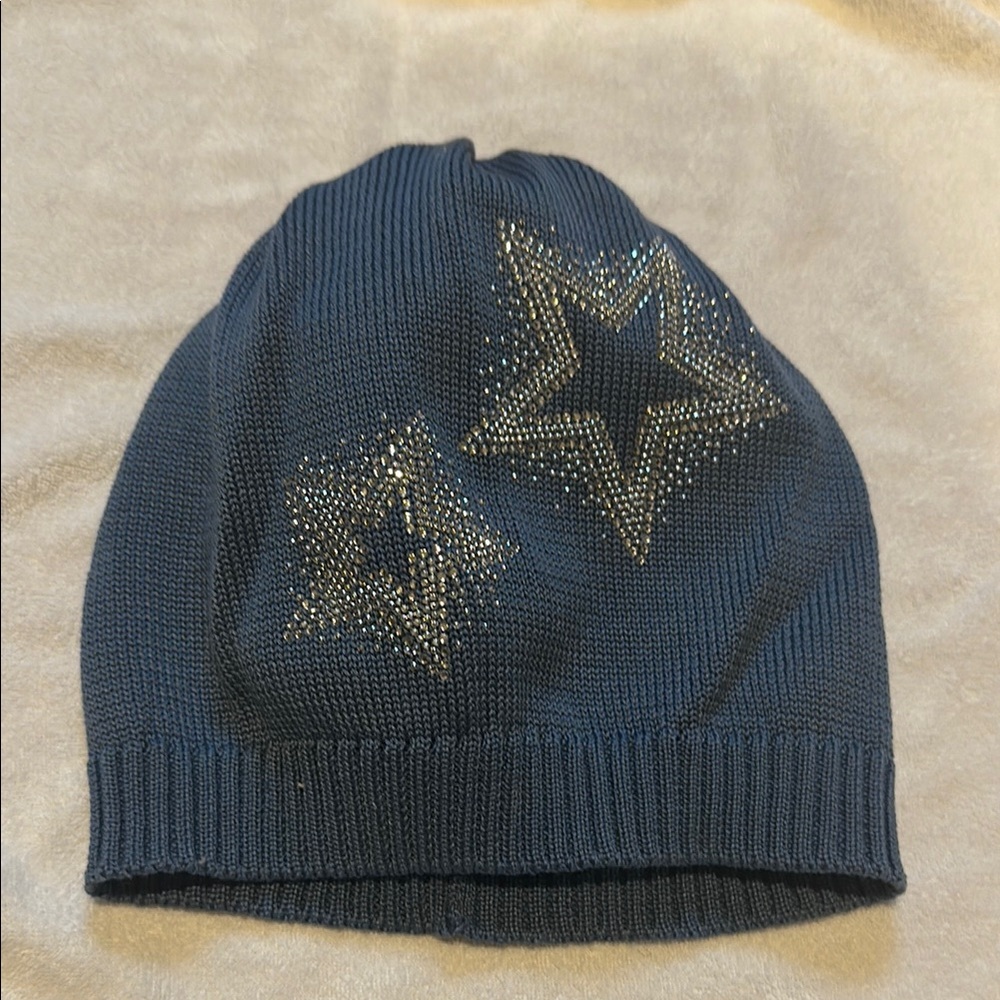 Blue and Silver Star Embellished Knit Beanie Hat